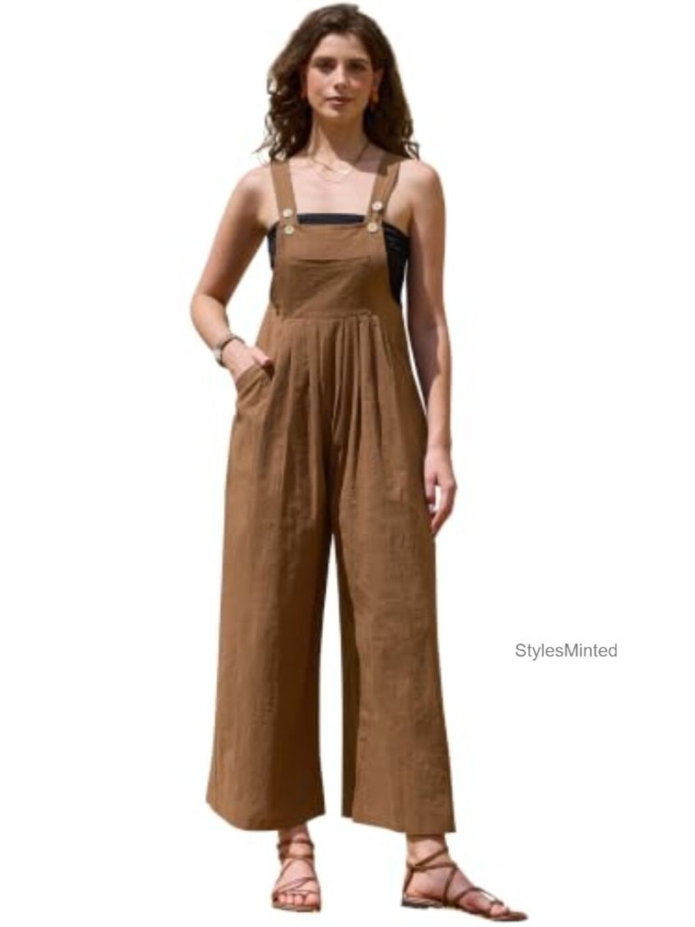 Linen Wide Leg Smocked Bib Overalls Jumpsuit Romper
